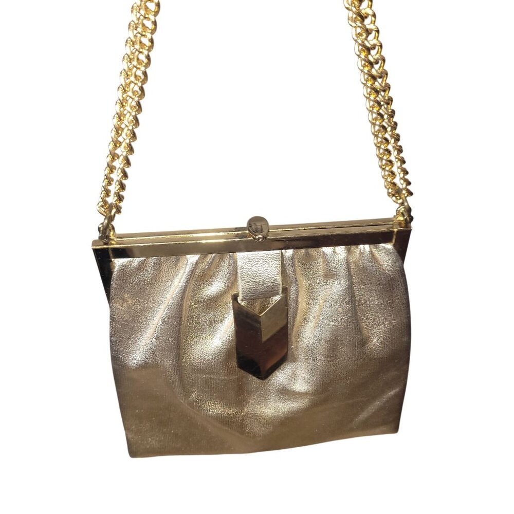 Vintage Gold Evening Bag With Chain Strap & Triangular Front Plate Satin Lined C - Picture 4 of 16